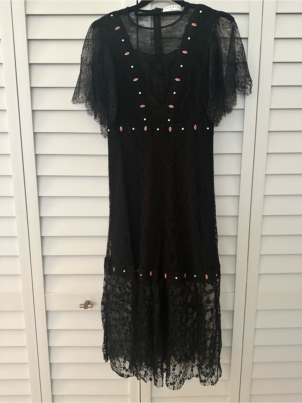 Sandro Black Lace Midi Dress with Embellished Accents - Picture 9 of 9